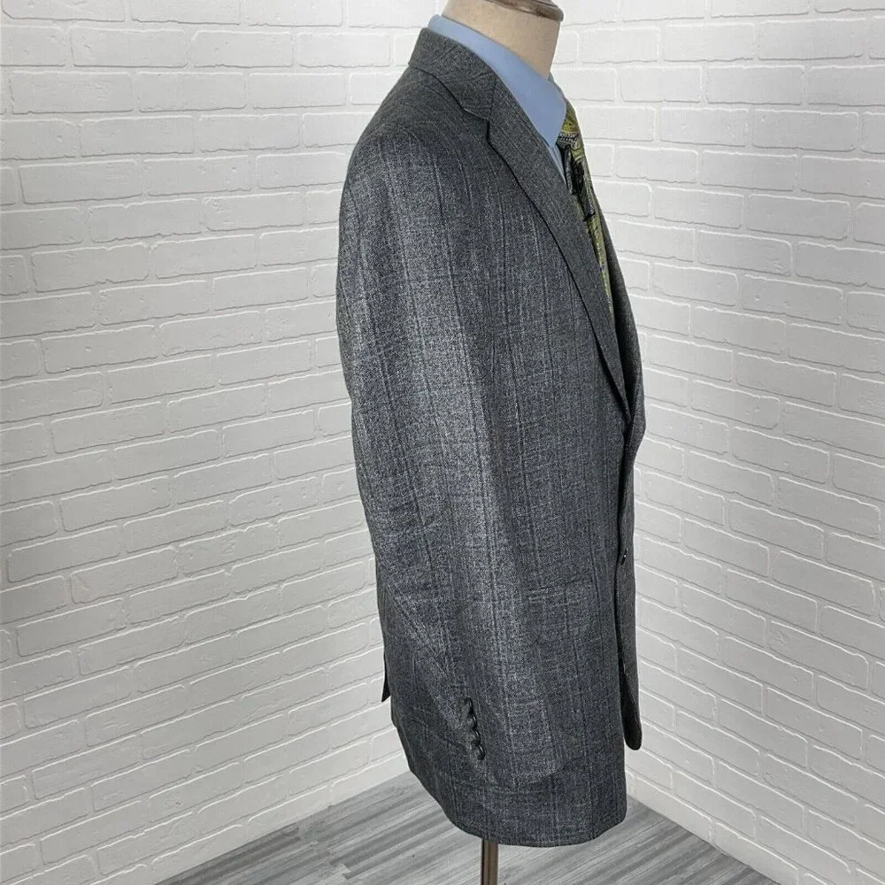 Hart Schaffner Marx Blazer Men 42R Gray Blue Plaid‎ Gold Trumpeter Carlanda USA